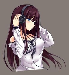  1girl blue_hair colored fatkewell headphones long_hair long_sleeves original purple_hair simple_background sketch tagme 