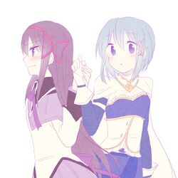  2girls akemi_homura black_hair blue_eyes blue_hair blush cape gloves hair_ornament hair_ribbon hairclip holding_hands long_hair lowres magical_girl mahou_shoujo_madoka_magica mahou_shoujo_madoka_magica_movie miki_sayaka mizuki_(flowerlanguage) multiple_girls ribbon short_hair violet_eyes 