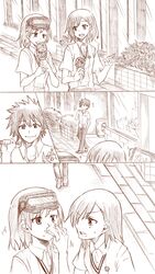  food head_mounted_display ice_cream kamijou_touma misaka_imouto misaka_mikoto monochrome sayasama school_uniform spiky_hair to_aru_kagaku_no_railgun to_aru_majutsu_no_index 