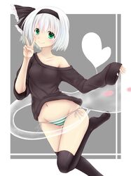  1girl akapenkoubou alternate_costume green_eyes grey_hair hair_ribbon konpaku_youmu navel off_shoulder panties ribbon short_hair smile solo striped striped_panties thigh-highs touhou underwear v 