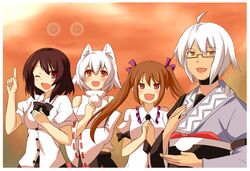  1boy 3girls ahoge animal_ears be_(o-hoho) bow brown_eyes brown_hair choker detached_sleeves dog_ears glasses hair_ornament hairpin hands_clasped himekaidou_hatate inubashiri_momiji long_hair long_sleeves morichika_rinnosuke multiple_girls open_mouth puffy_sleeves red_eyes shameimaru_aya short_hair short_sleeves smile tears touhou when_you_see_it white_hair wide_sleeves wink yellow_eyes 