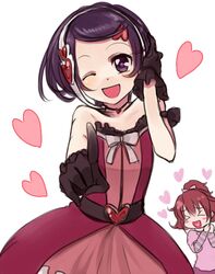 >_< 2girls :d aida_mana bare_shoulders black_gloves closed_eyes dokidoki!_precure dress gloves headphones heart heart_in_mouth kenzaki_makoto marblewars multiple_girls open_mouth pink_hair pointing precure purple_hair short_hair simple_background sleeveless smile violet_eyes white_background wink 