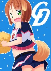  1girl animal_ears brown_hair cheerleader dog_ears dog_tail fang from_behind green_eyes inuarashi midriff original panties pom_poms short_hair solo tail underwear 