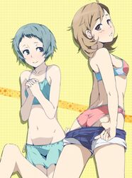  2girls ass bikini brown_eyes brown_hair green_eyes green_hair hands_clasped hayyan highres jpeg_artifacts lowleg mound_of_venus multiple_girls navel persona persona_3 short_hair shorts shorts_pull swimsuit takeba_yukari tankini yamagishi_fuuka 