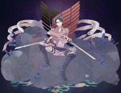  1boy ascot belt black_hair boots cable dual_wielding jacket rivaille sakamoto_bin shingeki_no_kyojin solo sword thigh_strap weapon 