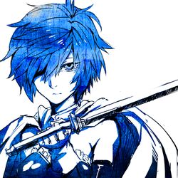  1girl blue blue_eyes blue_hair cape gloves hair_over_one_eye highres magical_girl mahou_shoujo_madoka_magica miki_sayaka monochrome nkmr8 short_hair solo sword weapon 