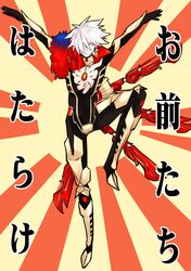  1boy armor cape fate/extra_ccc fate_(series) fur_trim gucce222 karna_(fate/extra_ccc) lancer_of_red posing solo translation_request white_hair 