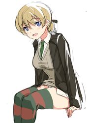  1girl blonde_hair braid breasts hair_ribbon long_hair long_sleeves lynette_bishop michairu military military_uniform necktie ribbon rough single_braid smile solo strike_witches striped striped_legwear sweater_vest thigh-highs uniform 