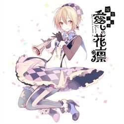  1girl blonde_hair confetti gloves headdress inko_(mini) instrument midriff navel original red_eyes smile solo suspenders thigh-highs 