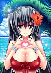  1girl absurdres blue_eyes breasts cleavage clouds flower flower_on_head grey_hair heart heart_hands hibiscus highres horizon_ariadust kyoukaisenjou_no_horizon lens_flare mizutsuki_rei ocean palm_tree sky tree waves 
