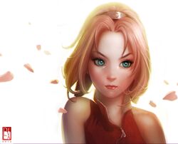 absurdres antonio_de_luca bare_shoulders green_eyes haruno_sakura highres lips naruto petals pink_hair portrait short_hair 