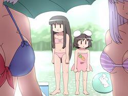  4girls :x animal_ears ball beachball bikini black_hair breast_envy breasts carrot cleavage collarbone flat_chest houraisan_kaguya inaba_tewi large_breasts long_hair midriff multiple_girls navel one-piece_swimsuit pink_bikini pink_swimsuit purple_hair rabbit_ears reisen_udongein_inaba shirosato short_hair silver_hair smile striped striped_bikini striped_swimsuit swimsuit touhou very_long_hair yagokoro_eirin |_| 