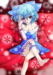  1girl absurdres barefoot blue_eyes blue_hair bow cirno crossed_legs dress highres legs lips nail_polish short_hair sitting smile solo tattoo toenail_polish touhou 
