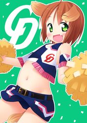  1girl animal_ears brown_hair cheerleader dog_ears dog_tail fang green_eyes inuarashi midriff original panties pom_poms short_hair solo tail underwear 