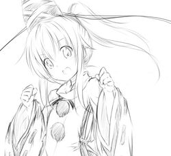  1girl hat monochrome mononobe_no_futo open_mouth ponytail salmon_(saaamon) simple_background sketch solo tate_eboshi touhou white_background wide_sleeves 