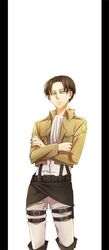  1boy ascot black_eyes black_hair crossed_arms flat_gaze jacket luoyin pillarboxed rivaille shingeki_no_kyojin solo thigh_strap 