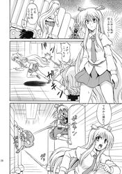  animal_ears battle carrot comic highres inaba_tewi jumping long_hair monochrome multiple_girls necktie open_mouth rabbit_ears reisen_udongein_inaba screen short_hair takaku_toshihiko television touhou translation_request very_long_hair 