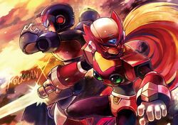  2boys android arm_cannon asaki_(asakimon) back-to-back blonde_hair blue_eyes energy_sword helmet long_hair multiple_boys ponytail rockman rockman_x sword very_long_hair weapon x_(rockman) zero_(rockman) 