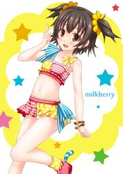  1girl akagi_miria bikini black_hair blush bracelet brown_eyes english flat_chest idolmaster idolmaster_cinderella_girls jewelry midriff navel panties short_hair short_twintails skirt solo swimsuit twintails underwear 