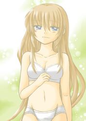  1girl artist_request blue_eyes blush bra brown_hair kodomo_no_jikan kokonoe_rin long_hair navel panties smile solo tears underwear underwear_only very_long_hair 