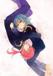 2boys barefoot blue_hair closed_eyes hug inazuma_eleven_(series) inazuma_eleven_go kariya_masaki kirino_ranmaru lightning_bolt male multiple_boys pink_hair riho rotational_symmetry sky star_(sky) starry_sky twintails yellow_eyes 