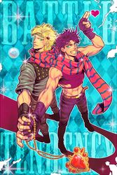  2boys argyle argyle_background blonde_hair blue_eyes bubble caesar_anthonio_zeppeli facial_mark fingerless_gloves gloves green_eyes grin headband iduki-daku jewelry jojo_no_kimyou_na_bouken joseph_joestar_(young) midriff multiple_boys necklace purple_hair red_stone_of_aja scarf smile 