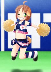  1girl animal_ears brown_hair cheerleader dog_ears dog_tail fang green_eyes inuarashi jumping midriff navel original pom_poms short_hair solo tail wink 