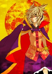  1girl absurdres brown_hair cape earmuffs flower highres kido5899 skirt sleeveless sword touhou toyosatomimi_no_miko weapon yellow_eyes 