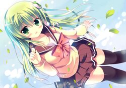  azumi_kazuki black_legwear blush bow frog green_eyes green_hair kaze_(kazesan) long_hair looking_at_viewer open_mouth school_uniform shirt skirt snake_hair_ornament solo thigh-highs to_aru_kagaku_no_railgun to_aru_majutsu_no_index touhou zettai_ryouiki 