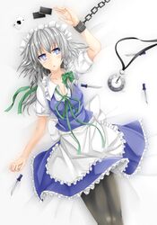  1girl apron black_legwear blue_eyes blush braid breasts card highres izayoi_sakuya knife lying maid maid_headdress open_mouth pantyhose pocket_watch puffy_sleeves ribbon short_hair silver_hair skirt solo tokoya touhou twin_braids vest watch 