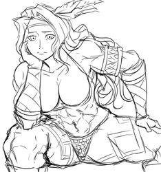  1girl amazon_(dragon's_crown) armlet armor bikini_armor breasts chin_rest circlet cleavage dragon's_crown feathers large_breasts long_hair matsu-sensei muscle navel parody sitting sketch solo tattoo thick_thighs thighs vambraces 