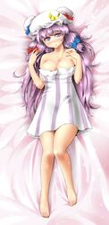  1girl bare_shoulders barefoot bed_sheet breasts cleavage crescent dress excel_(shena) hair_ribbon hat large_breasts long_hair on_bed patchouli_knowledge purple_hair ribbon solo touhou violet_eyes 