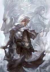  2boys 2girls armor blonde_hair cape closed_eyes fantasy krenz magic multiple_boys multiple_girls polearm short_hair sparkle sword watermark weapon web_address wind 