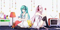  2girls blue_eyes cushion green_hair hatsune_miku headphones ia_(vocaloid) lamp long_hair multiple_girls open_mouth pink_hair sitting skirt stuffed_animal stuffed_toy teddy_bear television thigh-highs twintails very_long_hair vocaloid wariza yamaneko514 