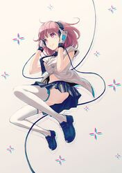  40hara gloves headphones highres loafers navel original pink_eyes pink_hair shoes skirt smile thigh-highs wristband zettai_ryouiki 