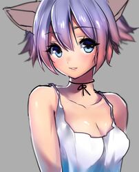  1girl animal_ears blue_eyes blurry breasts camisole cat_ears choker collarbone mataro original pink_hair purple_hair short_hair simple_background solo 