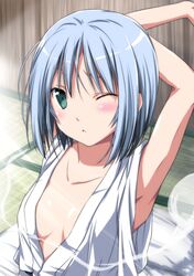  1girl blush bust green_eyes konpaku_youmu konpaku_youmu_(ghost) nori_tamago short_hair silver_hair small_breasts solo stretch touhou wink 