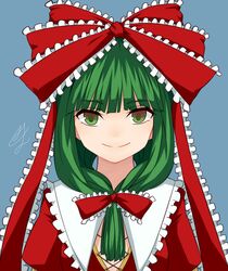  1girl bust front_ponytail green_hair hair_ribbon kagiyama_hina long_hair miyo_(ranthath) ribbon smirk solo touhou 
