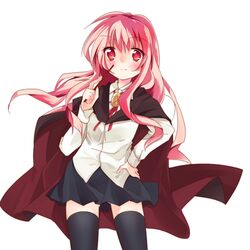  1girl black_legwear blush cape hand_on_hip highres llaoi_free long_hair louise_francoise_le_blanc_de_la_valliere pentagram pink_eyes pink_hair ribbon school_uniform skirt solo star thigh-highs zero_no_tsukaima 