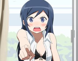  absurdres aragaki_ayase black_hair blue_eyes casual highres long_hair ore_no_imouto_ga_konna_ni_kawaii_wake_ga_nai pointing takahirokun 