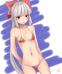  1girl arms_behind_back bikini breasts fujiwara_no_mokou grey_hair hair_ribbon long_hair miyo_(ranthath) navel red_bikini red_eyes ribbon sketch solo swimsuit touhou very_long_hair 