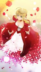  1girl ahoge blonde_hair breasts dress epaulettes green_eyes hair_ribbon highres komaq petals red_dress ribbon saber_extra solo 