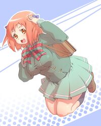  1girl bag bow breasts brown_eyes buttons green_shirt hataraku_maou-sama! highres kneehighs large_breasts messenger_bag open_mouth polka_dot redhead sasaki_chiho short_hair shoulder_bag skirt smile solo twintails 