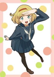  1girl alice_margatroid black_legwear blonde_hair blue_eyes hairband open_mouth pantyhose pleated_skirt school_uniform short_hair skirt smile solo touhou yachi_yowa 