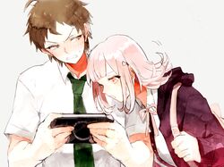  1boy 1girl blush brown_hair dangan_ronpa hair_ornament hairclip hinata_hajime hoodie nanami_chiaki necktie pink_eyes pink_hair playstation_portable school_uniform short_hair super_dangan_ronpa_2 yubari 