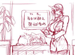  book breasts choker cleavage danna_(karatekikku) desk facial_hair glasses horn horns hoshiguma_yuugi ibuki_suika monochrome multiple_girls mustache short_hair sketch touhou translation_request 