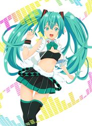 1girl bowtie green_eyes green_hair hatsune_miku highres long_hair muffasa open_mouth see-through skirt solo thigh-highs thigh_gap tubetop twintails very_long_hair vocaloid 