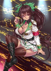  1girl ahoge alternate_costume armband black_hair boots bow breasts brown_hair cleavage garter_straps hair_bow highres houtengeki large_breasts long_hair looking_at_viewer military military_uniform ponytail red_eyes reiuji_utsuho sitting smile solo thigh-highs touhou uniform very_long_hair 