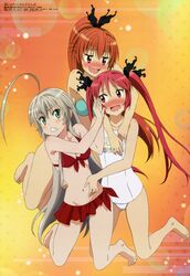 3girls absurdres ahoge bikini cthugha_(nyaruko-san) cuune_(nyaruko-san) green_eyes haiyore!_nyaruko-san highres long_hair multiple_girls nyarlathotep_(nyaruko-san) official_art red_eyes redhead school_swimsuit silver_hair swimsuit tagme 