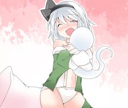  :d bare_shoulders blush closed_eyes commentary_request hairband hammer_(sunset_beach) hitodama hug konpaku_youmu konpaku_youmu_(ghost) open_clothes open_mouth open_shirt panties pillow short_hair silver_hair smile touhou underwear white_panties 